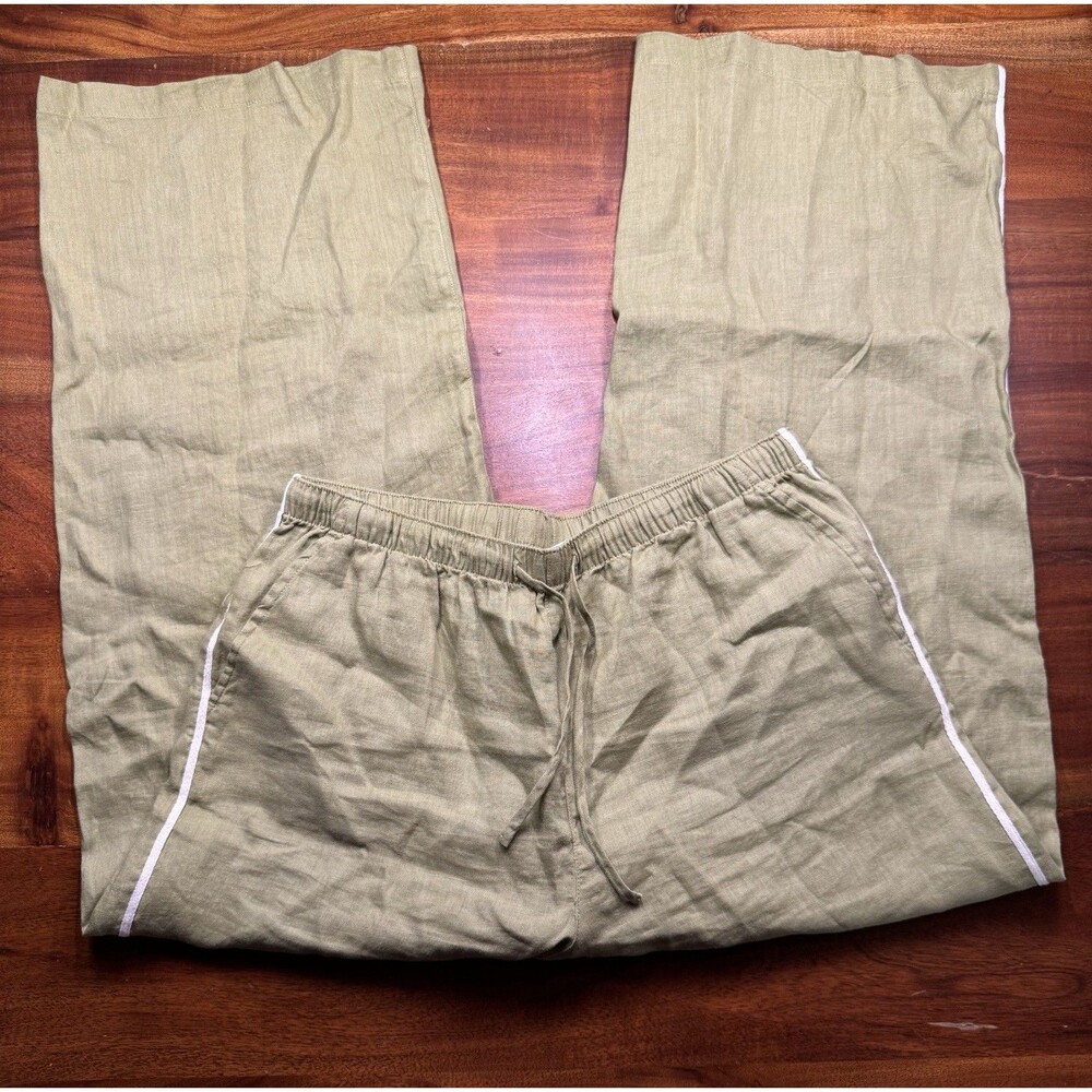 Rachel Zoe Linen Pants Large Olive Green Wide Leg Coastal Grandma Beachy Pull On